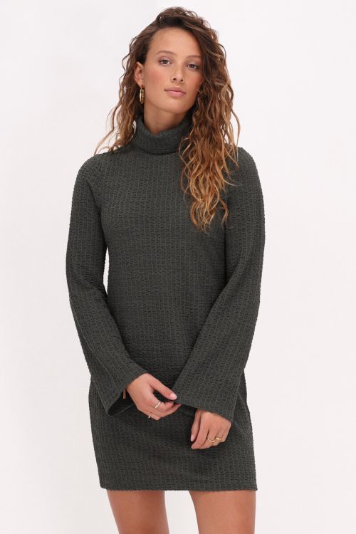 Dark green textured dress & turtleneck | My jewellery