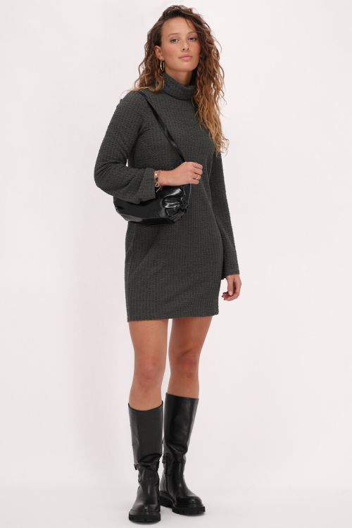 Dark green textured dress & turtleneck | My jewellery