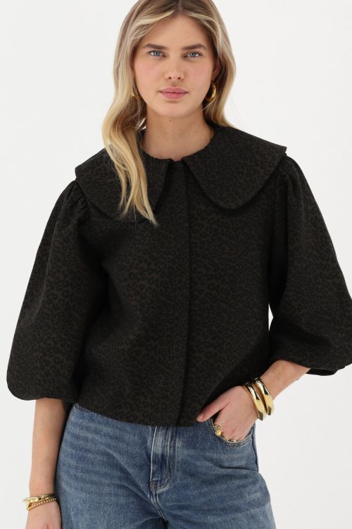 Dark green leopard print top with collar | My Jewellery