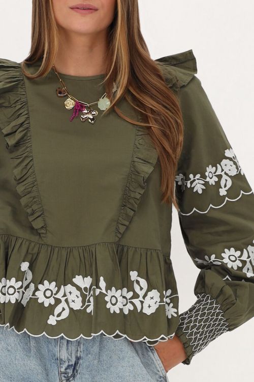 Dark green top with white embroidery | My Jewellery