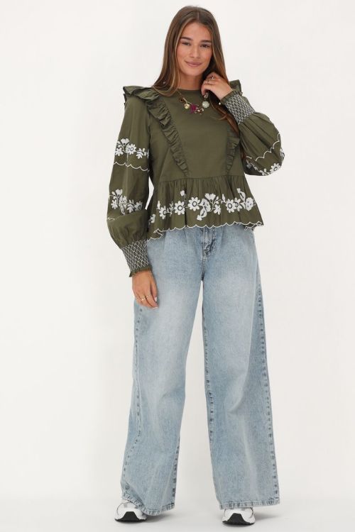 Dark green top with white embroidery | My Jewellery