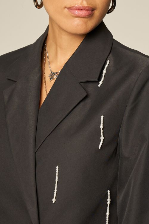 Dark grey blazer dress with faux pearls | My Jewellery