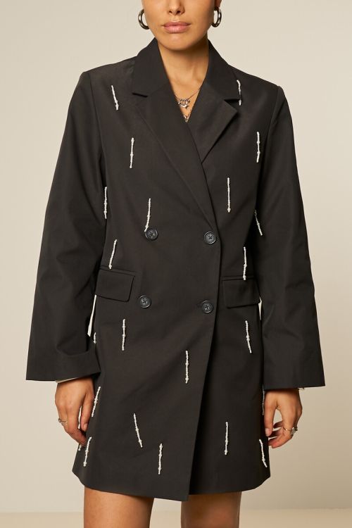 Dark grey blazer dress with faux pearls | My Jewellery