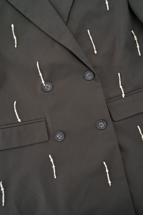 Dark grey blazer dress with faux pearls | My Jewellery