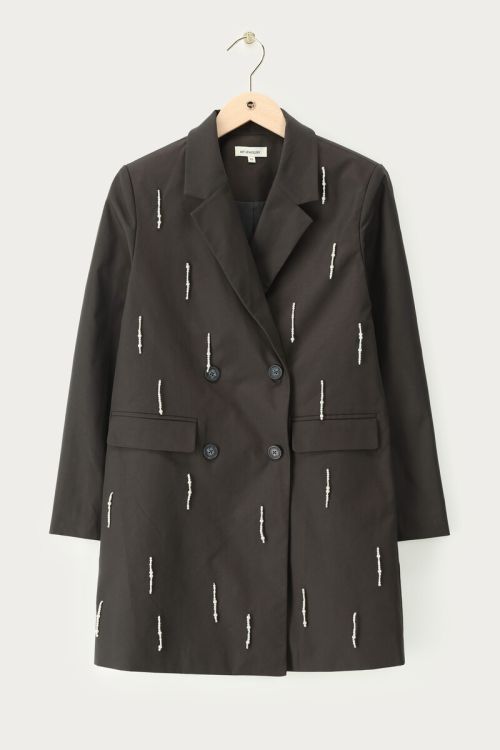 Dark grey blazer dress with faux pearls | My Jewellery