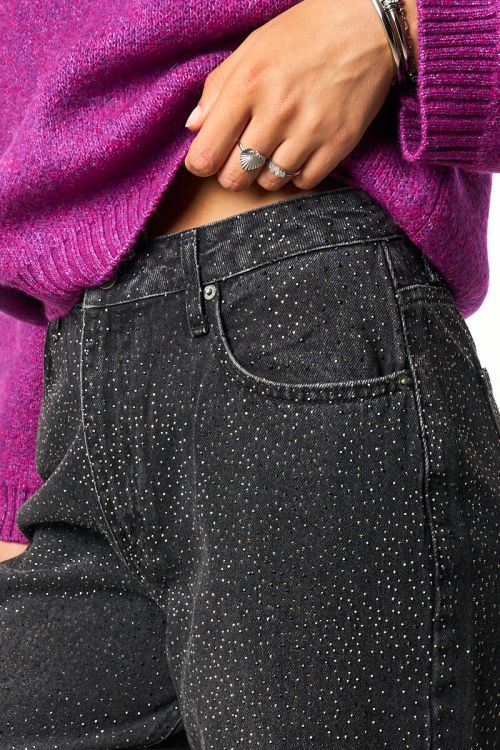 Dunkelgraue Jeans mit weitem Bein und Strasssteinen