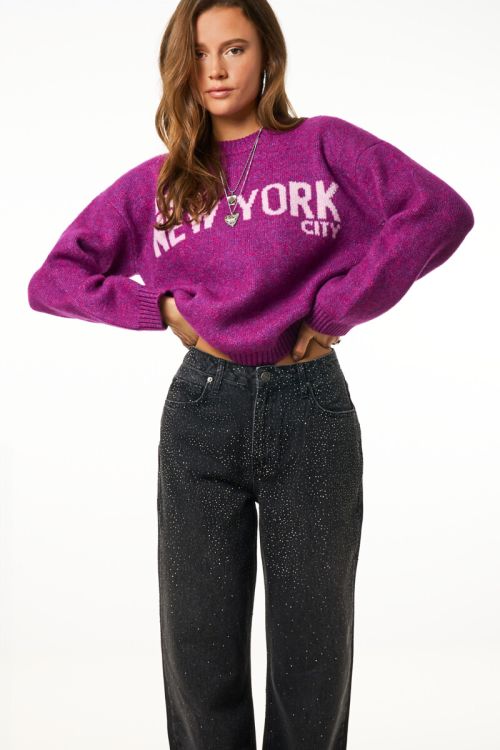 Dark grey wide leg jeans with rhinestones | My Jewellery