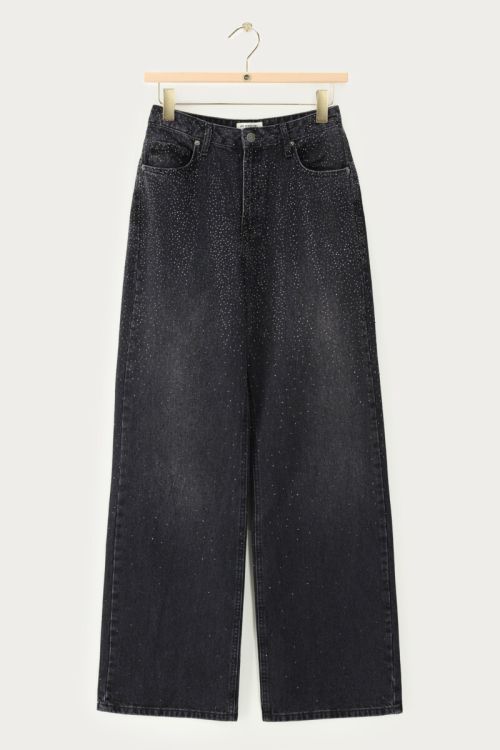 Dunkelgraue Jeans mit weitem Bein und Strasssteinen