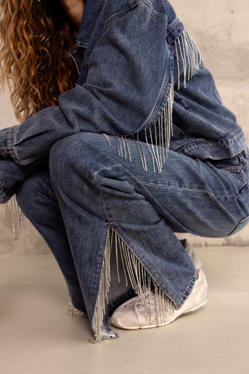 Blue wide leg jeans with rhinestone trims | My Jewellery