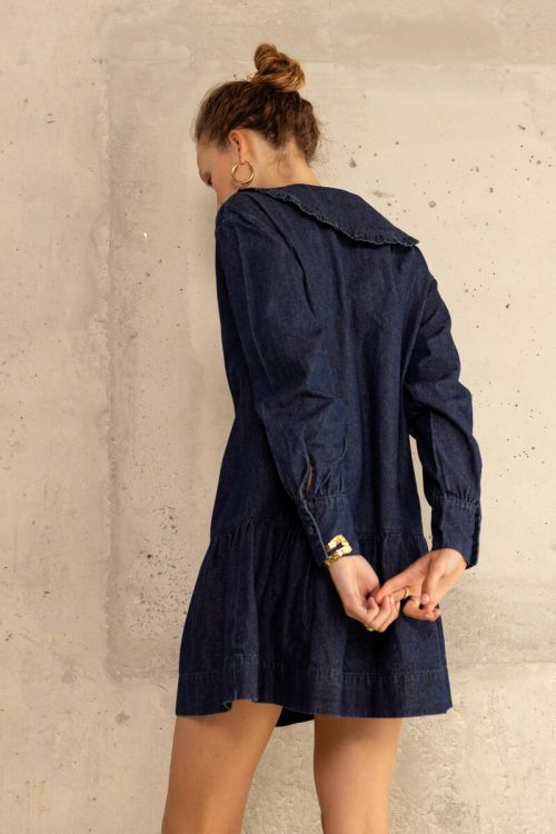 Dark blue denim dress with ruffle | My Jewellery