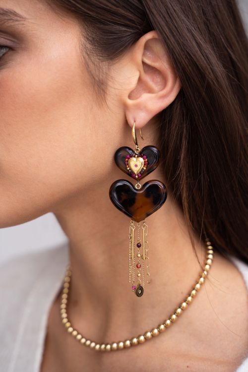 Earrings with leopard print hearts and cords