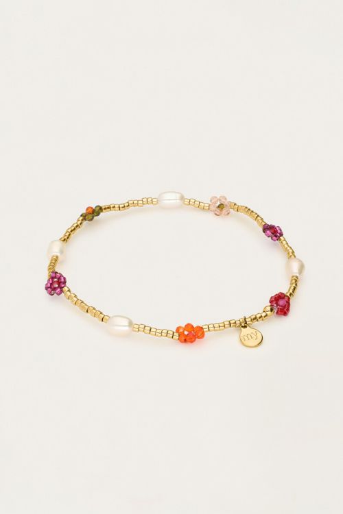 elastic bracelet with multicolour flowers & pearls
