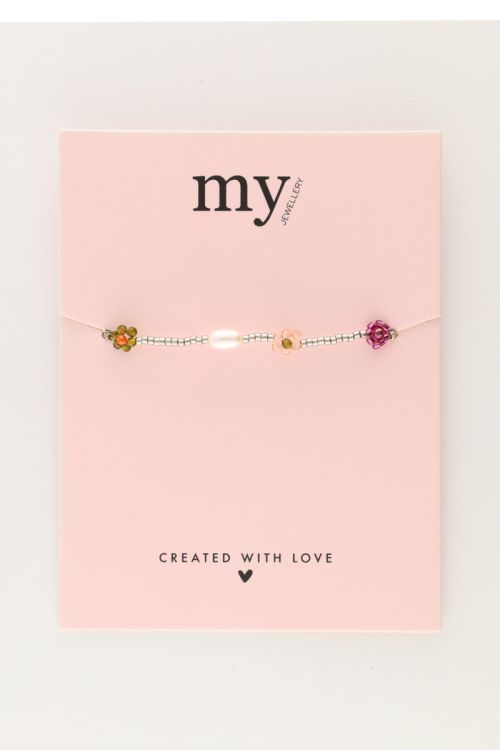 elastic bracelet with multicolour flowers & pearls