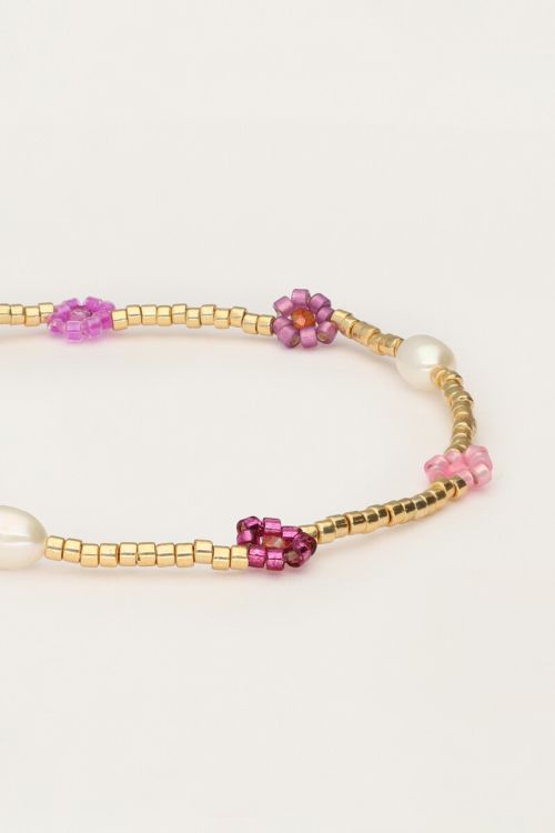 Elastic bracelet with pink flowers & freshwater pearls | My Jewellery