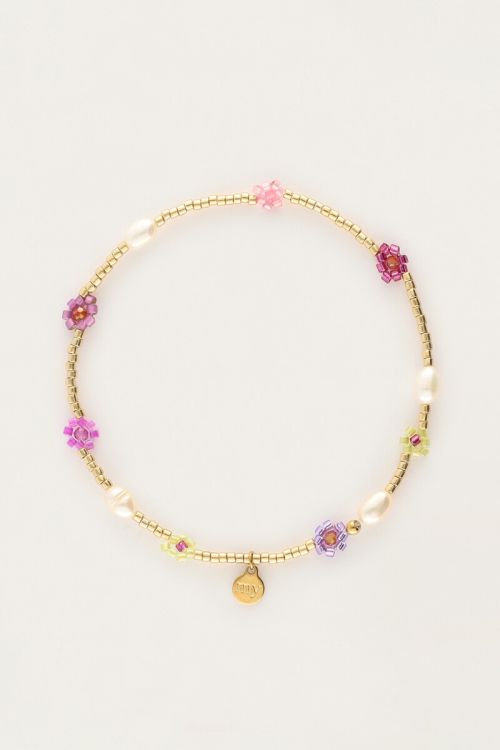 Elastic bracelet with pink flowers & freshwater pearls | My Jewellery