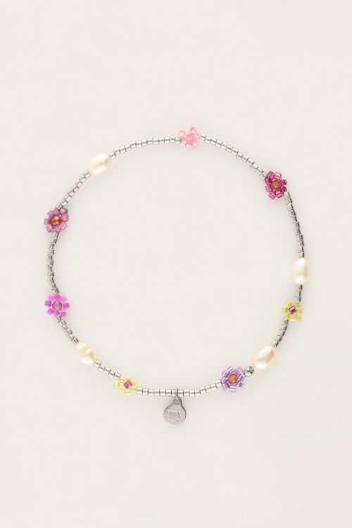Elastic bracelet with pink flowers & freshwater pearls | My Jewellery