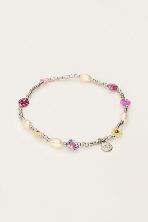 Elastic bracelet with pink flowers & freshwater pearls | My Jewellery