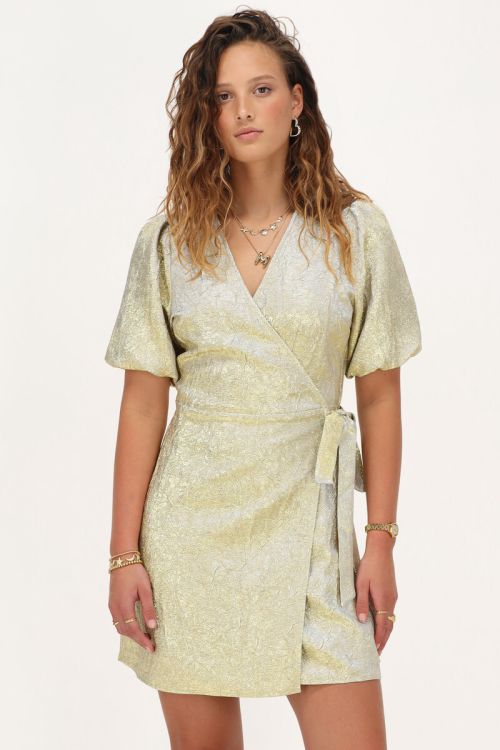 Gold wrap dress with puff sleeves | My Jewellery