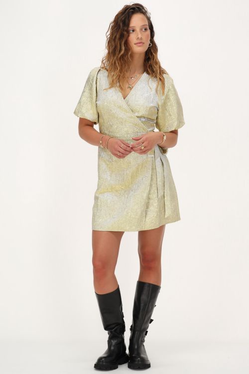 Gold wrap dress with puff sleeves | My Jewellery