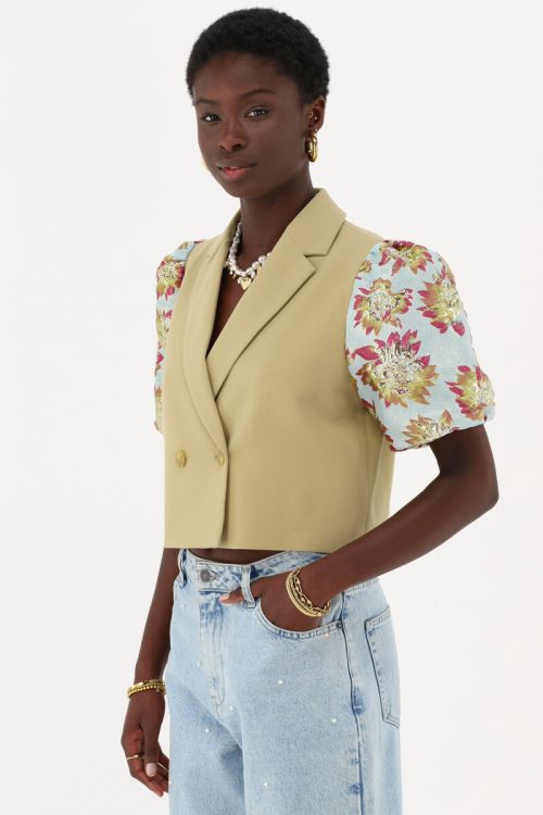 Green jacquard blazer with short sleeves | My Jewellery