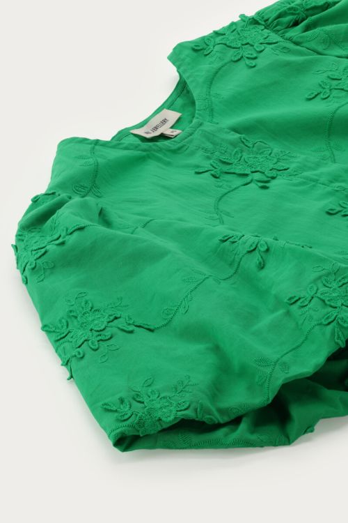 Green top with puff sleeves & floral embroidery