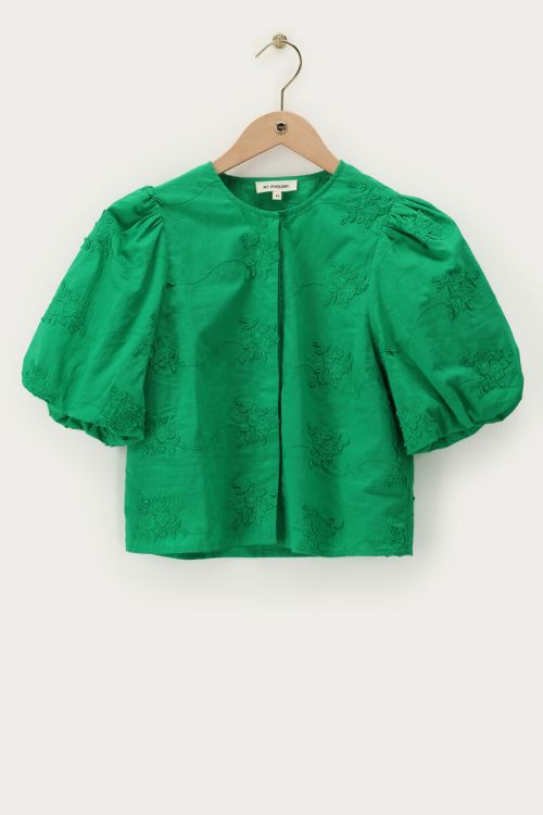 Green top with puff sleeves & floral embroidery