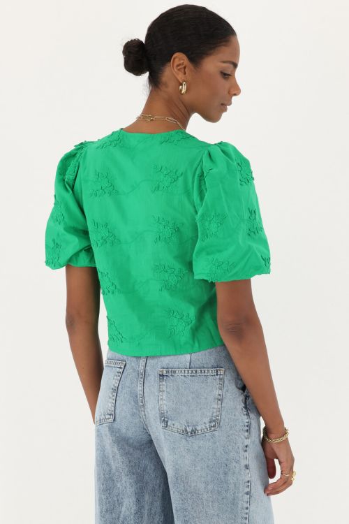 Green top with puff sleeves & floral embroidery | My Jewellery