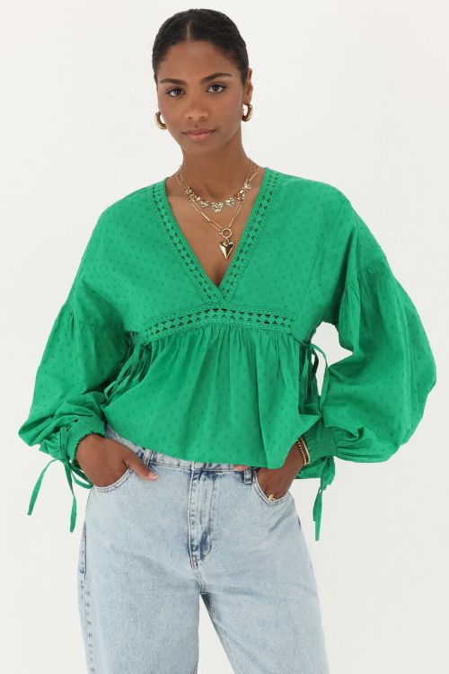 Green top with V-neck & bows | My Jewellery