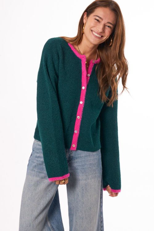 Green cardigan with pink contrast | My Jewellery