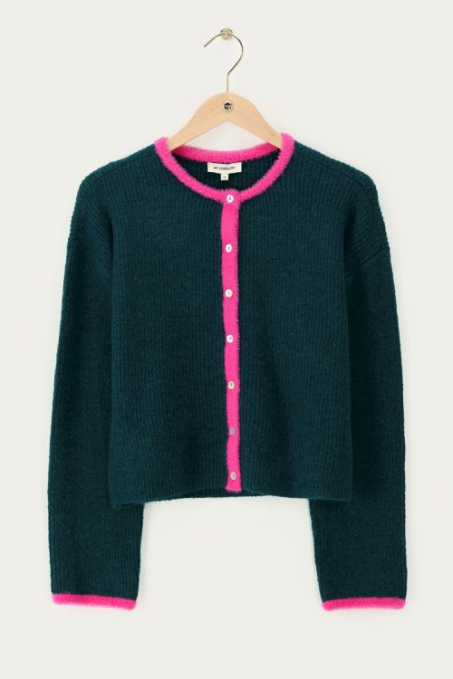Green cardigan with pink contrast | My Jewellery