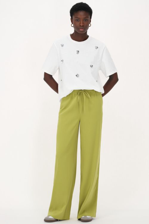 Lime green wide leg trousers with tie cord | My Jewellery