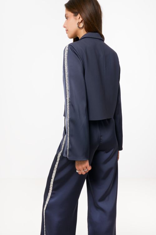 Grey cropped blazer with satin sleeves & sequin tapes | My Jewellery