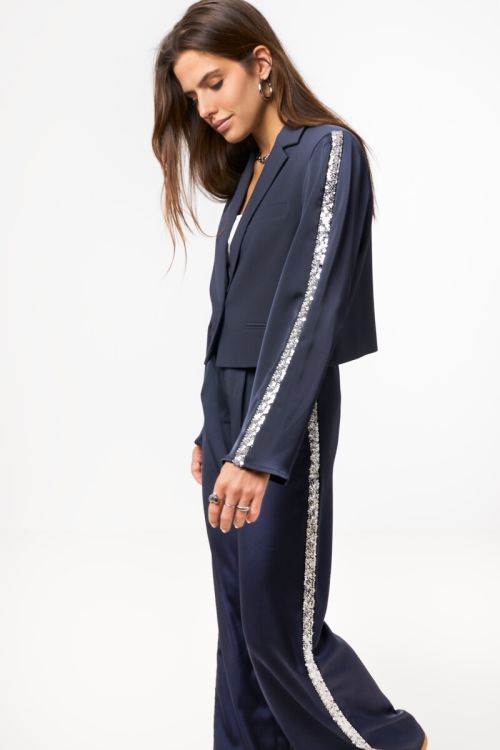 Grey cropped blazer with satin sleeves & sequin tapes | My Jewellery