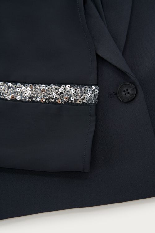 Grey cropped blazer with satin sleeves & sequin tapes | My Jewellery