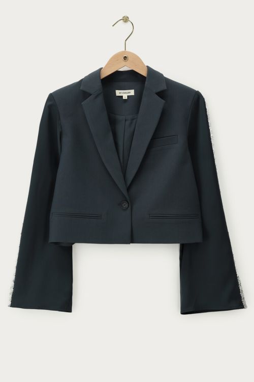 Grey cropped blazer with satin sleeves & sequin tapes | My Jewellery