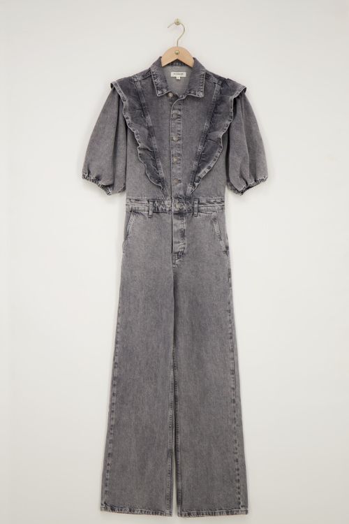 Grey denim jumpsuit with ruffles & puff sleeves | My Jewellery