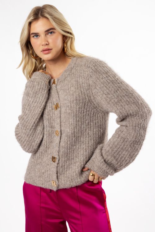 Grey knit cardigan with l'amour buttons | My Jewellery