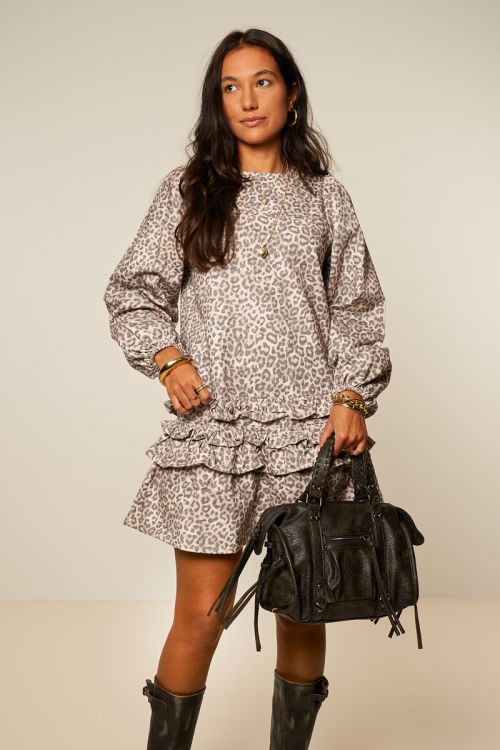 Grey leopard print dress with ruffles | My Jewellery