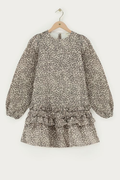 Grey leopard print dress with ruffles | My Jewellery