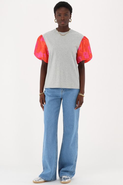 Gray T-shirt with jacquard puff sleeves | My Jewellery