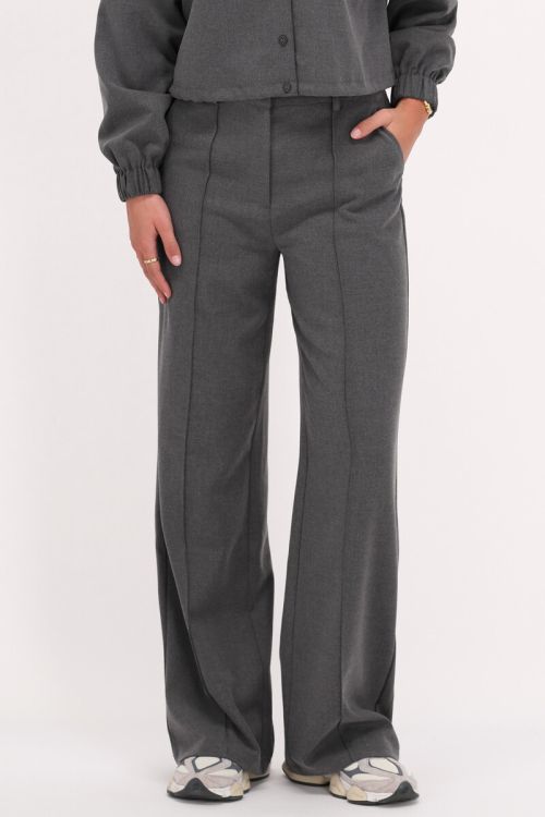 Grey wide leg pants with concealed button down shirt