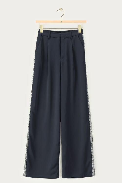Grey wide satin pants with sequin tapes