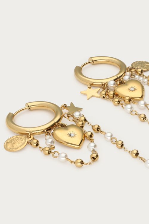 Hoop earrings with heart & imiation pearl cords | My Jewellery