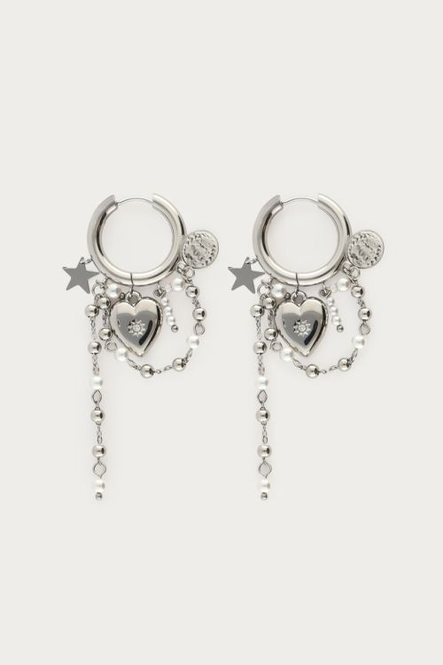Hoop earrings with heart & imiation pearl cords | My Jewellery