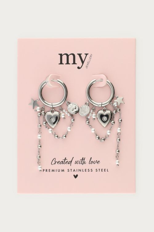 Hoop earrings with heart & imiation pearl cords | My Jewellery