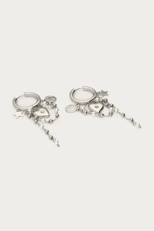 Hoop earrings with heart & imiation pearl cords | My Jewellery