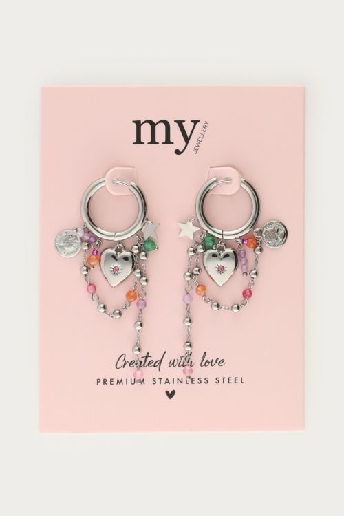 Earrings with heart & multicoloured beaded cords | My Jewellery