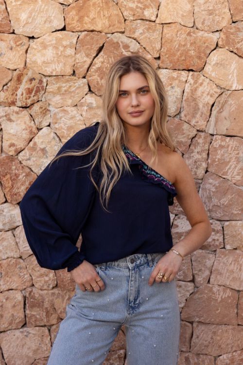 Dark blue one-shoulder top with multicoloured embroidery | My Jewellery