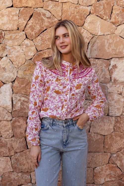 White blouse with pink floral print and embroidery | My Jewellery