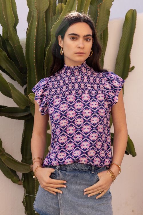 Blue smock top with pink print | My Jewellery